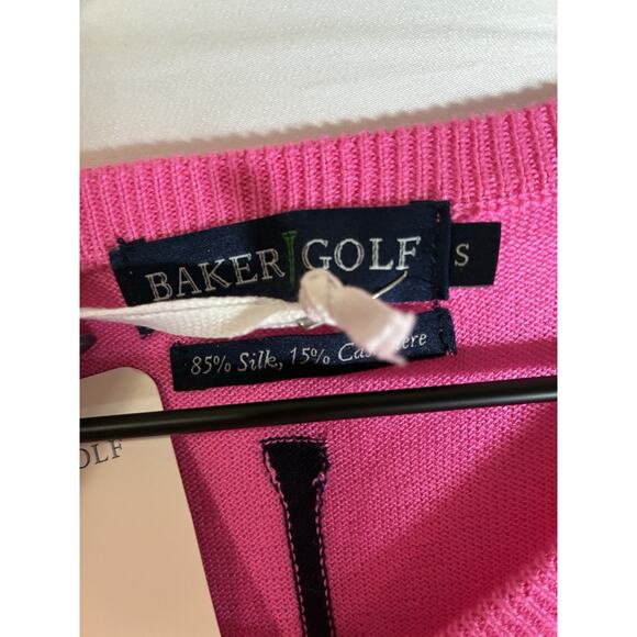 Baker Golf Womens S NWT Pink Silk Cashmere Golf Tee Print V-Neck Sweater Preppy - Picture 4 of 8